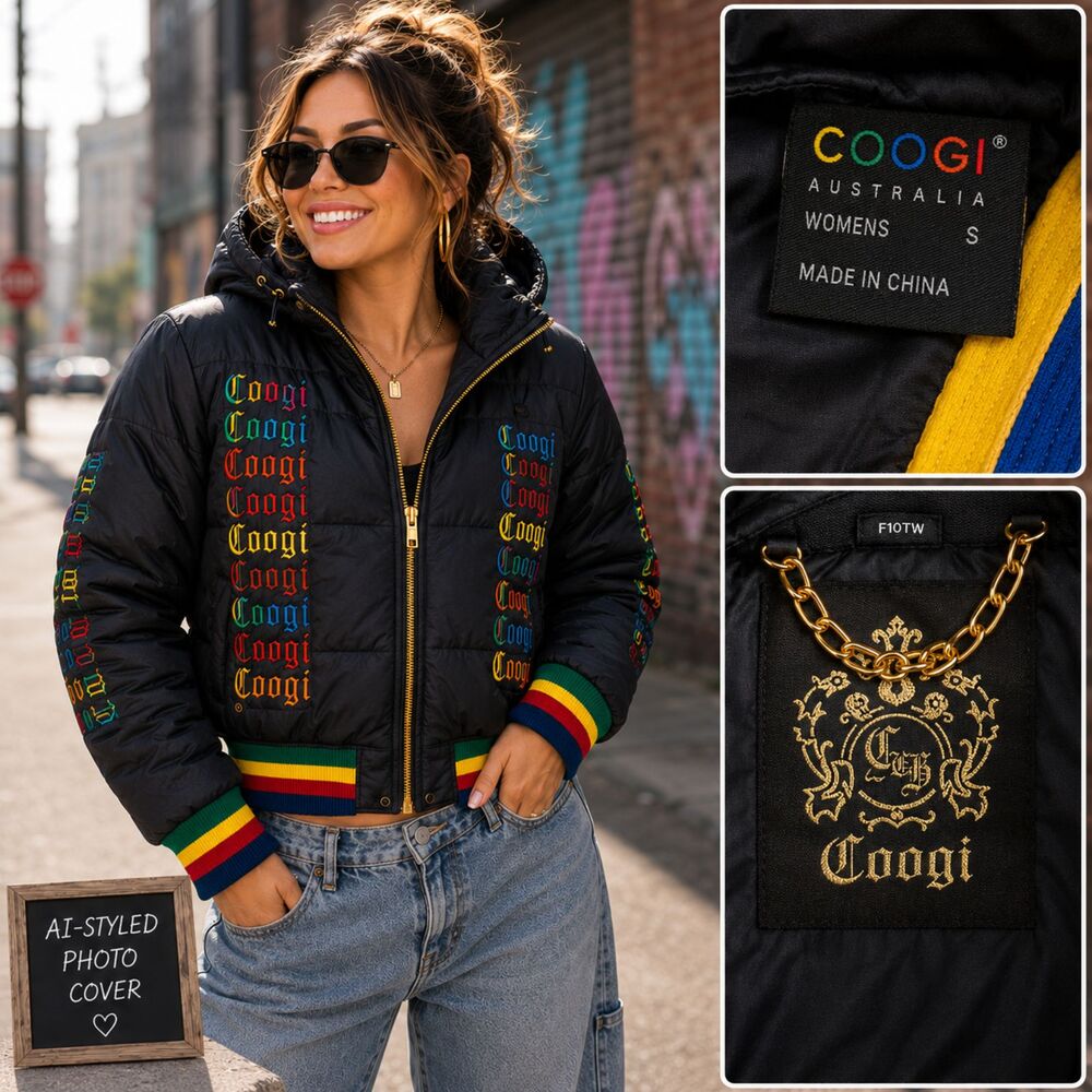 COOGI Womens S Rainbow Spellout Hooded Puffer Jacket Y2K Hip Hop Streetwear